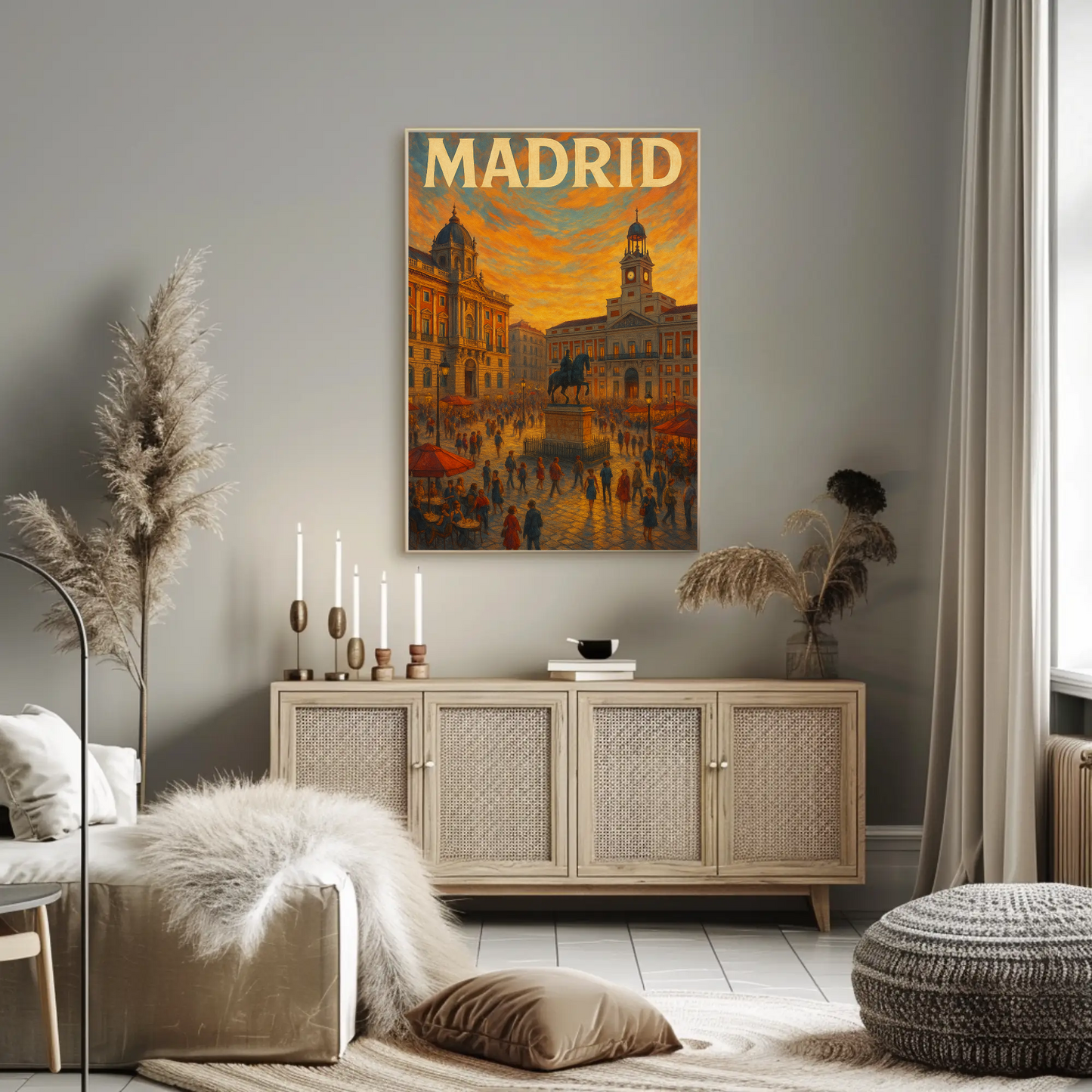 Madrid Plaza Evening Lights Travel Poster