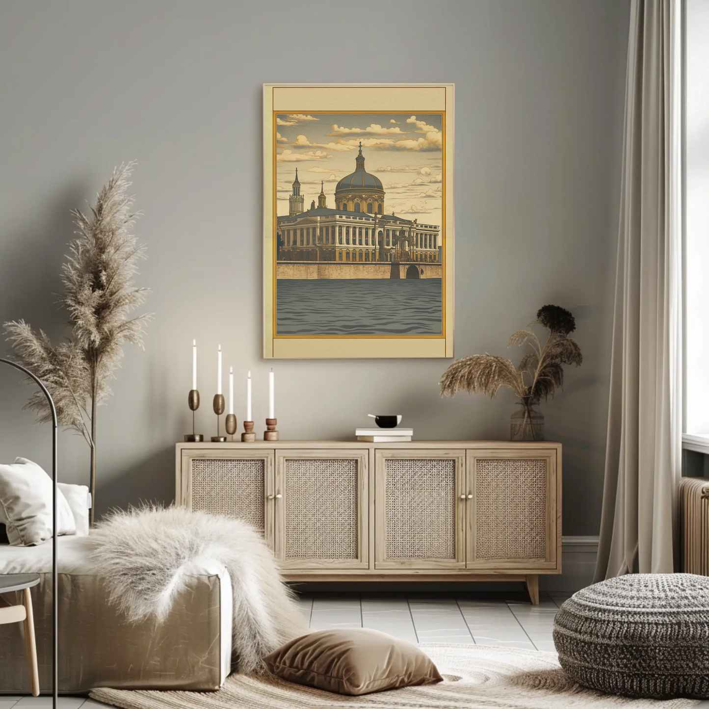 European Riverfront Baroque Palace Travel Poster