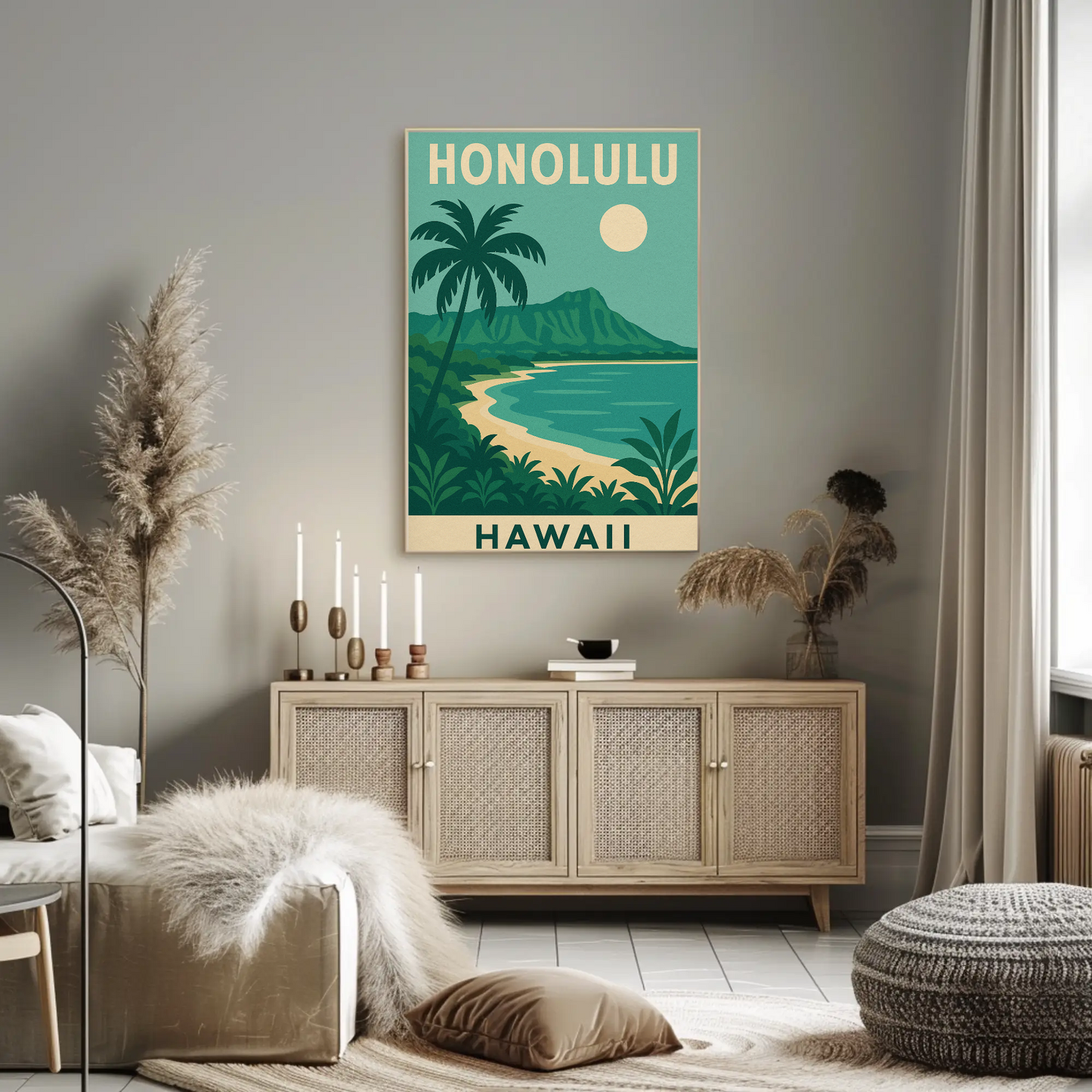 Honolulu Hawaii Beach Palm Trees Coastline Travel Poster