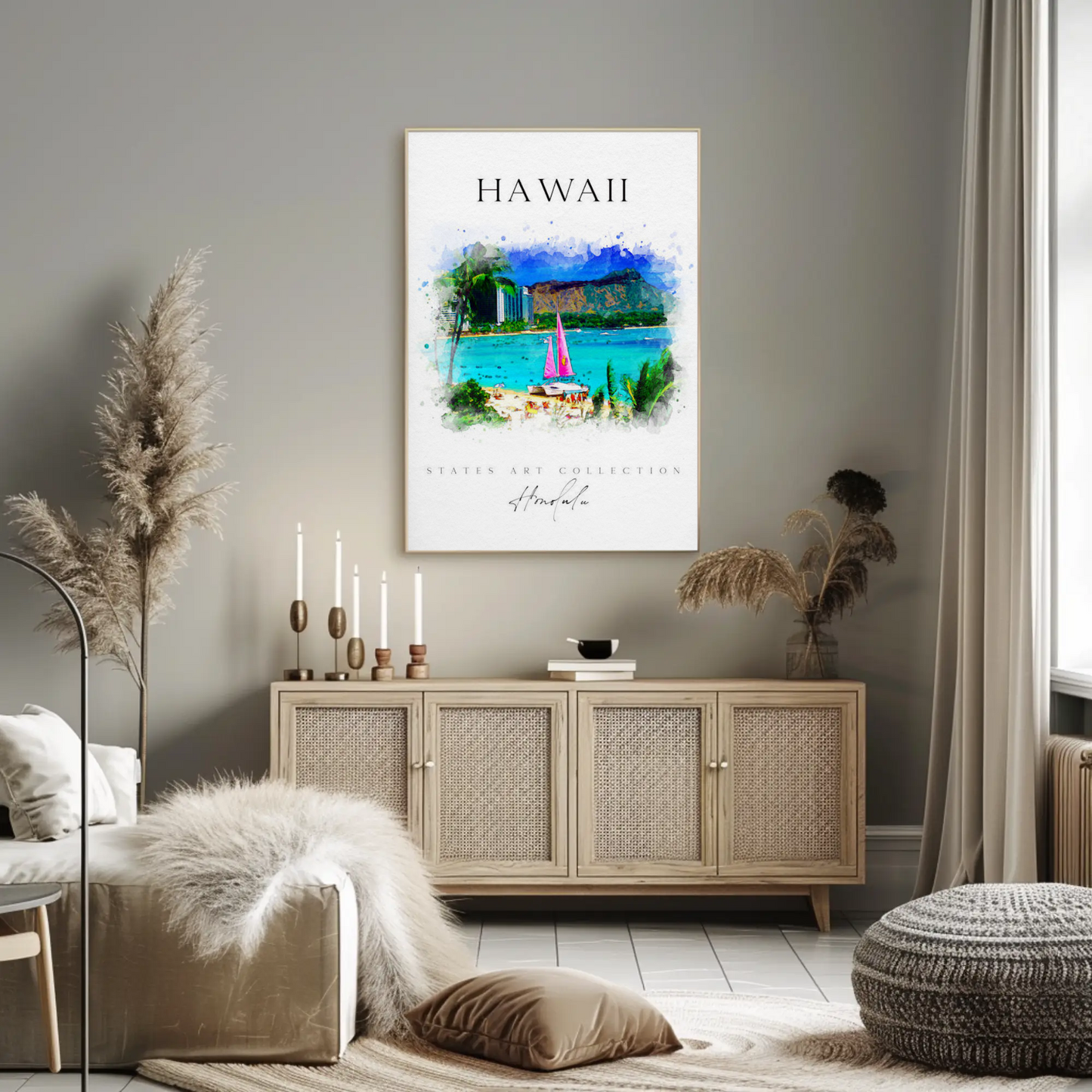 Hawaii Honolulu Sailboat Watercolor Skyline Poster