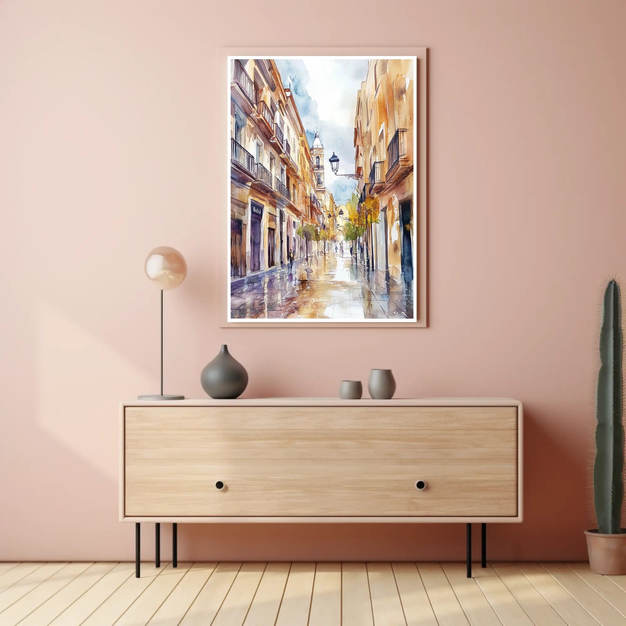 Serene Street in Watercolor Poster PosterGoat