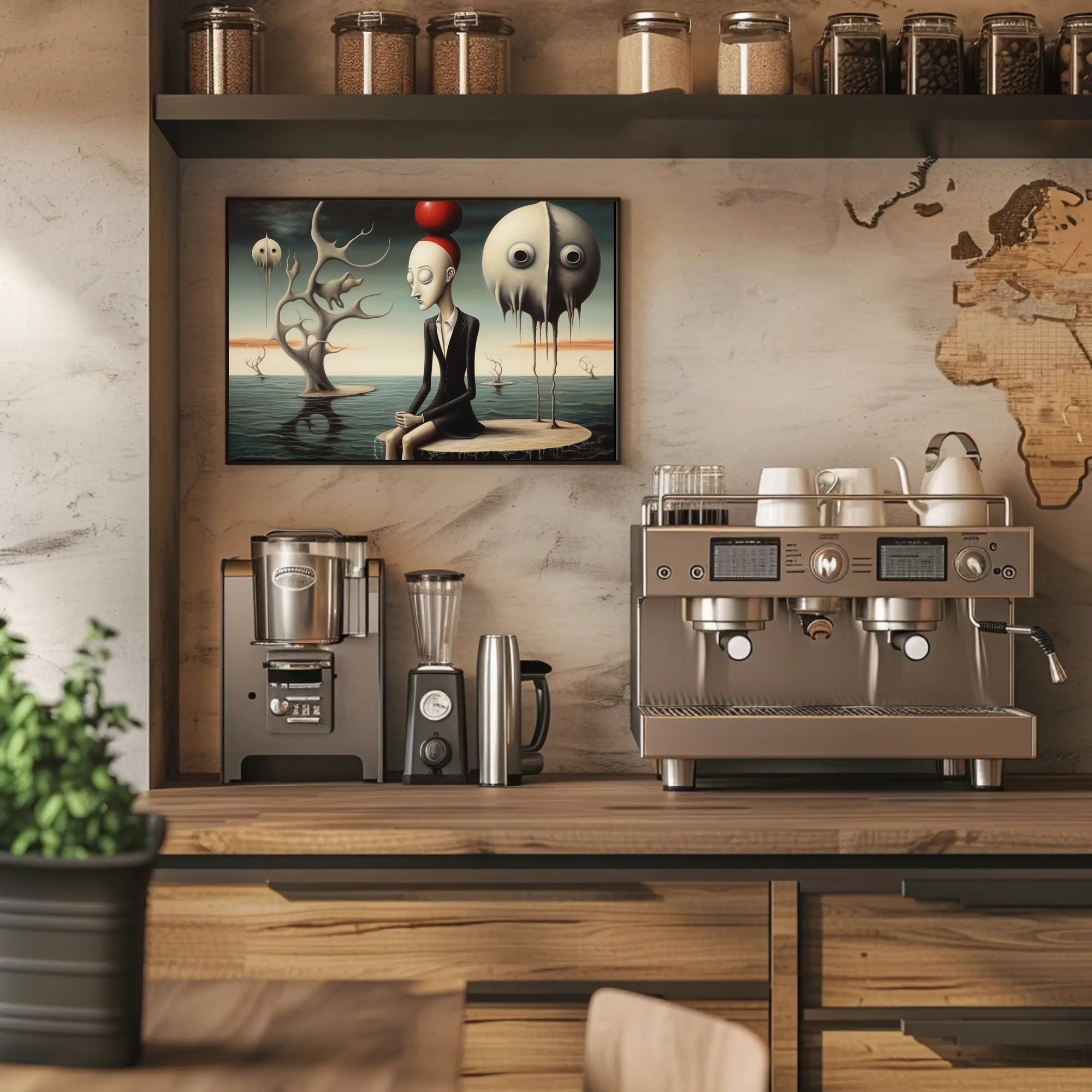 Surreal Humanoid with Red Sphere Hat Artistic Poster