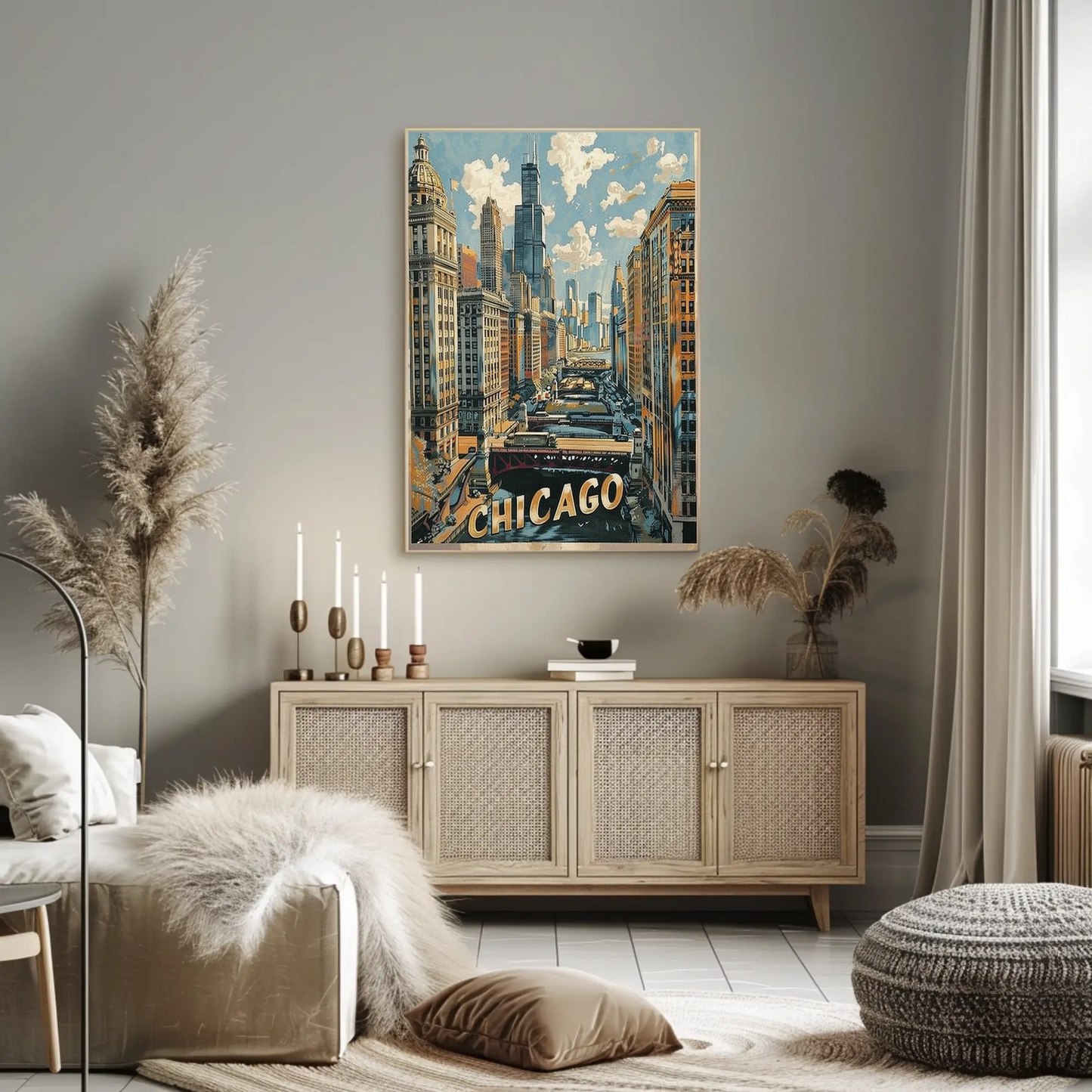 Chicago Skyline River Train Architecture Cityscape Travel Poster