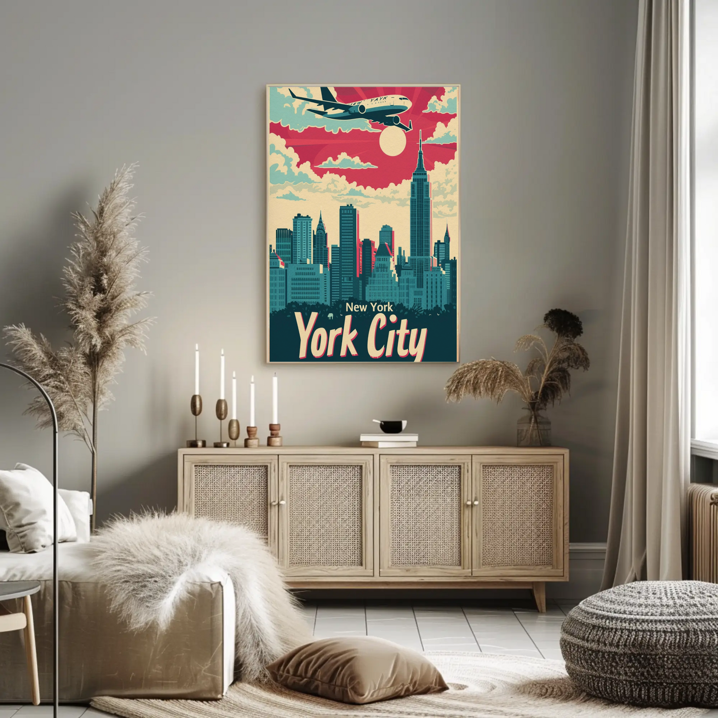 New York City Airplane Skyline Red Sky Travel Poster