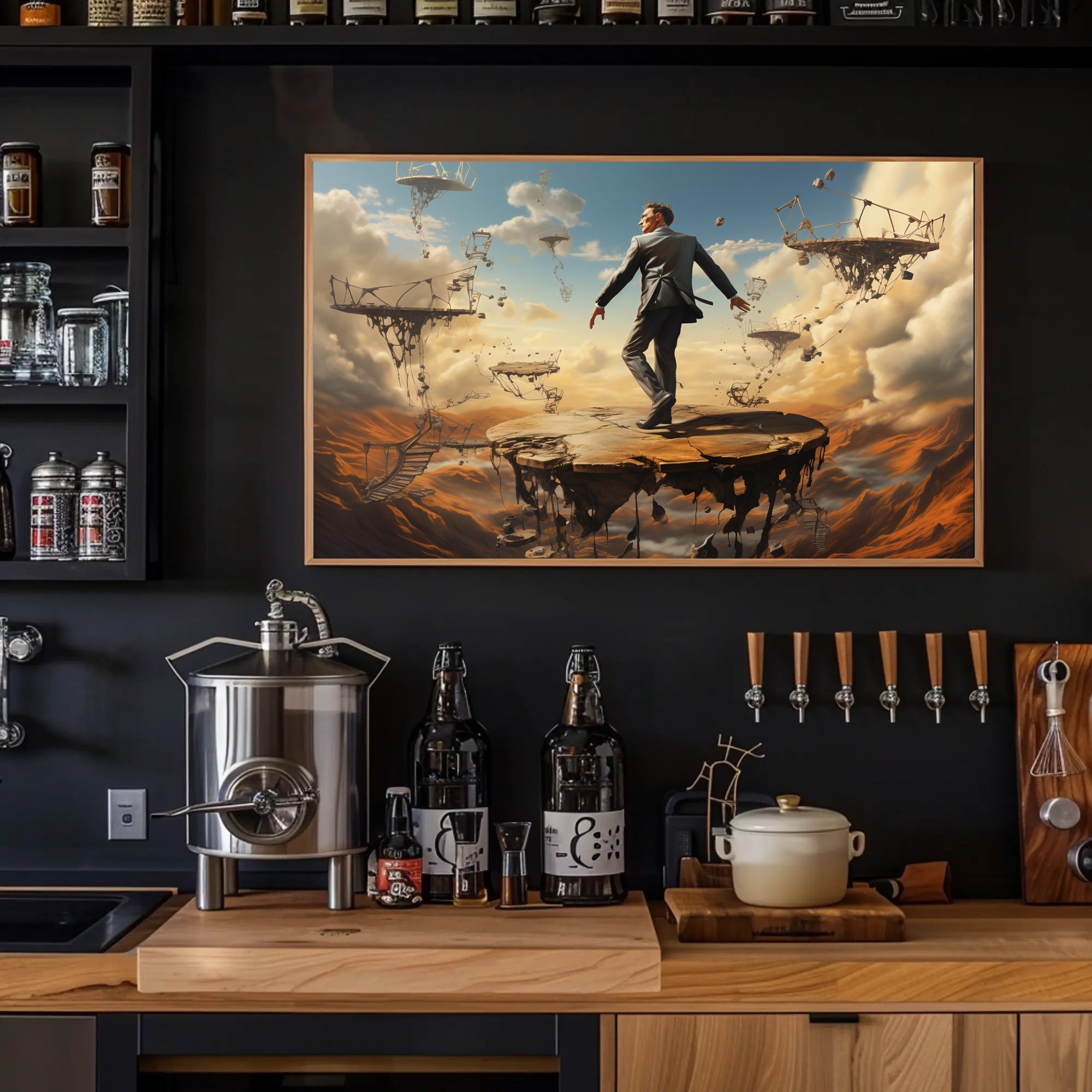 Surreal Suit Man on Broken Platforms Artistic Poster