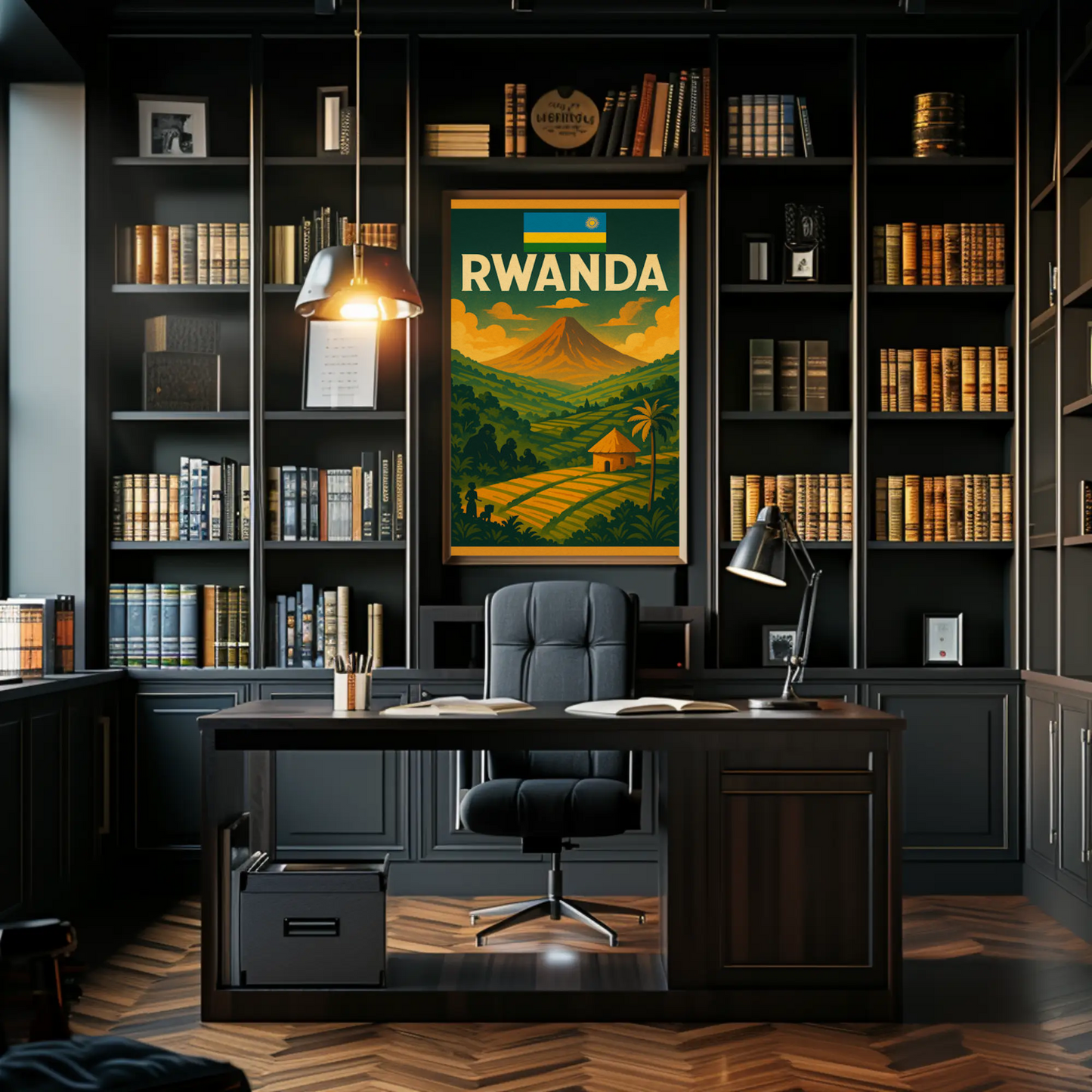 Rwanda Flag and Fields Sunset Travel Poster