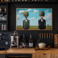 Surreal Suited Figures Artistic Poster Under Blue Sky