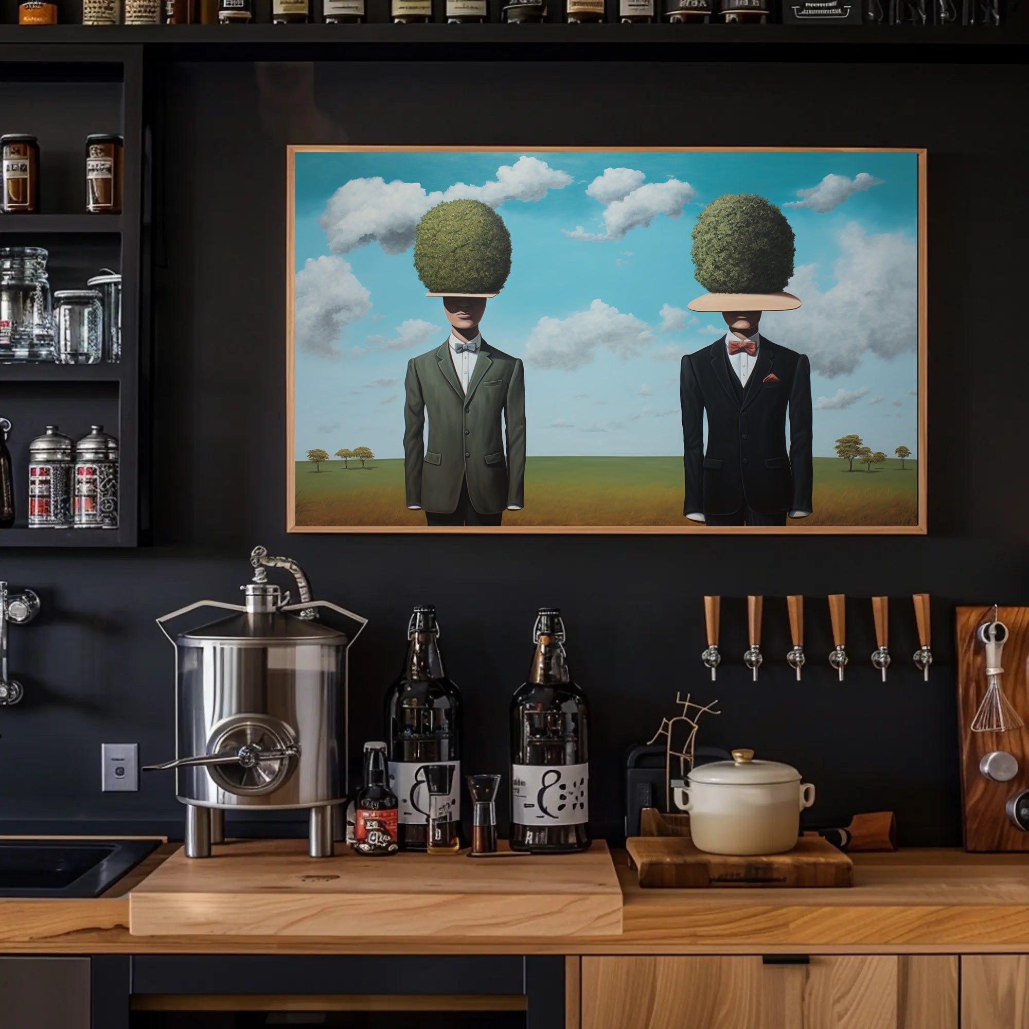 Surreal Suited Figures Artistic Poster Under Blue Sky