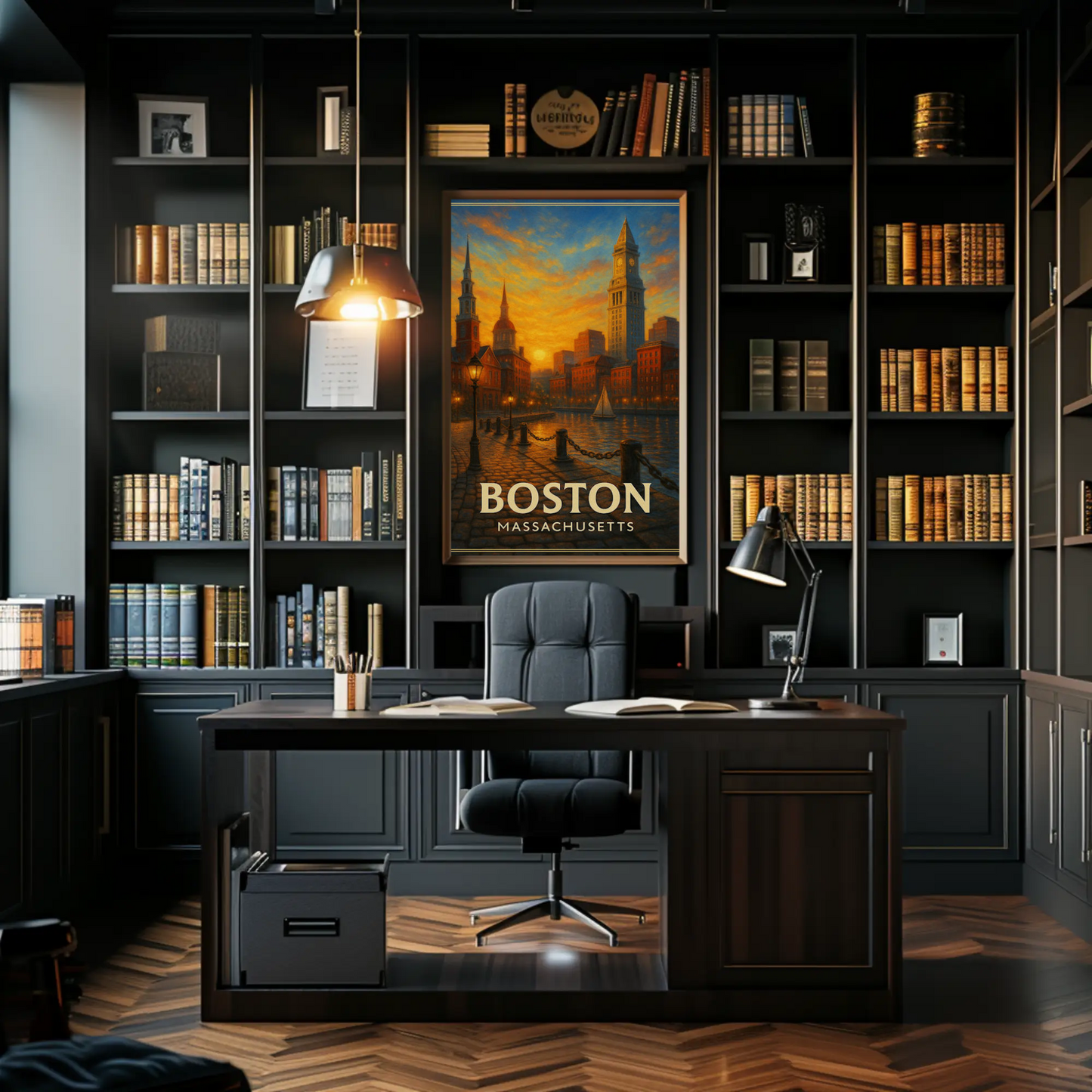 Boston Massachusetts Sunset Harbor Cityscape Travel Poster