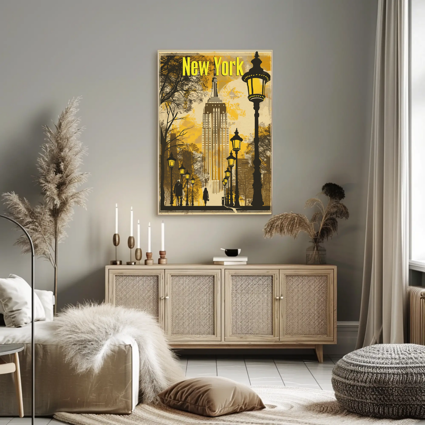 New York Yellow Lights Empire Autumn Vintage Travel Poster