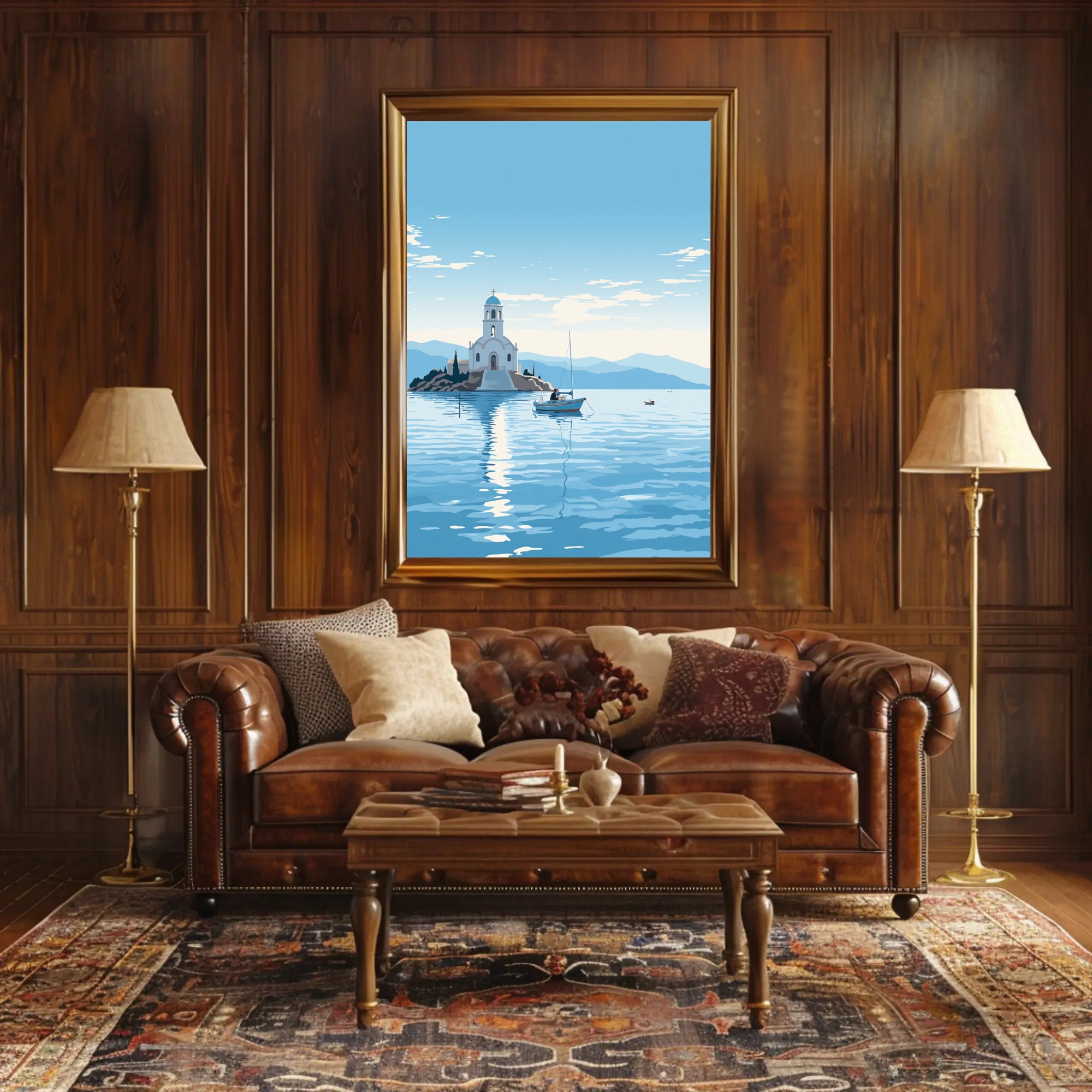 Serene Greek Coastal Church Travel Poster