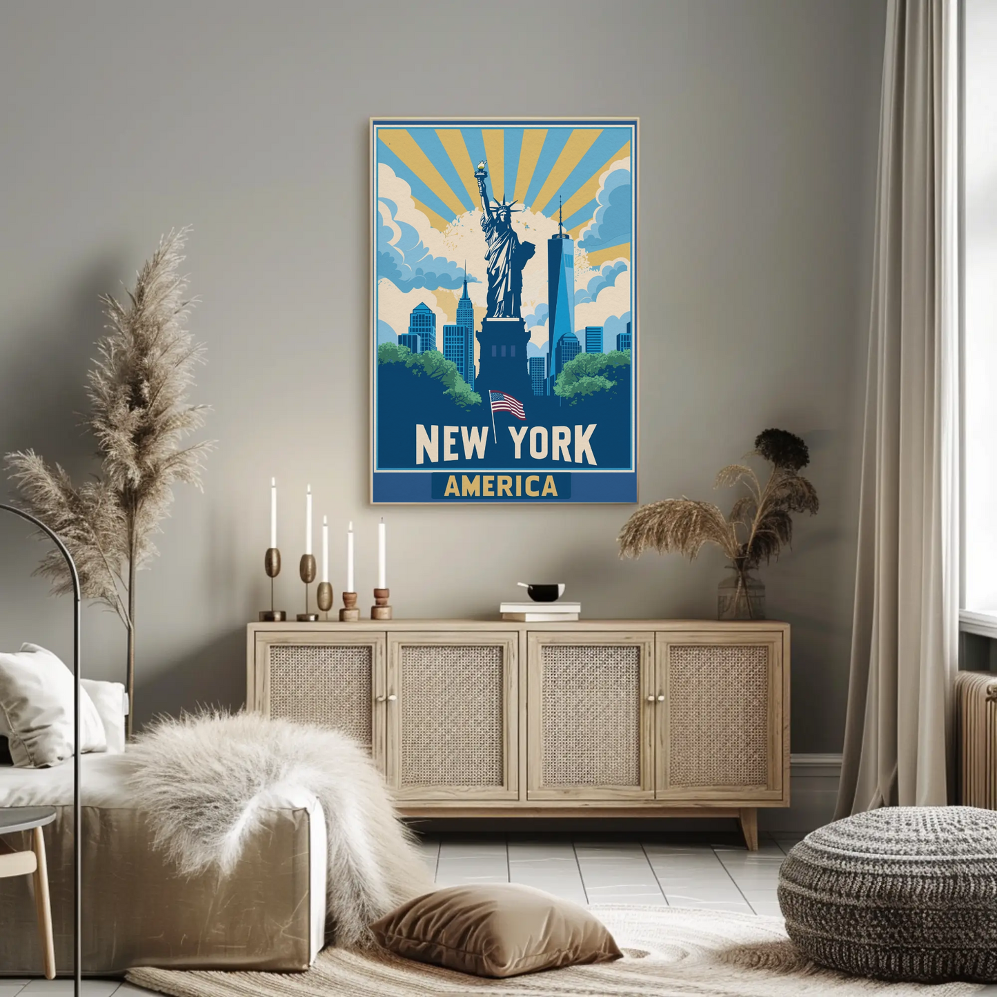 New York America Skyline Liberty Sunrise Vintage Travel Poster