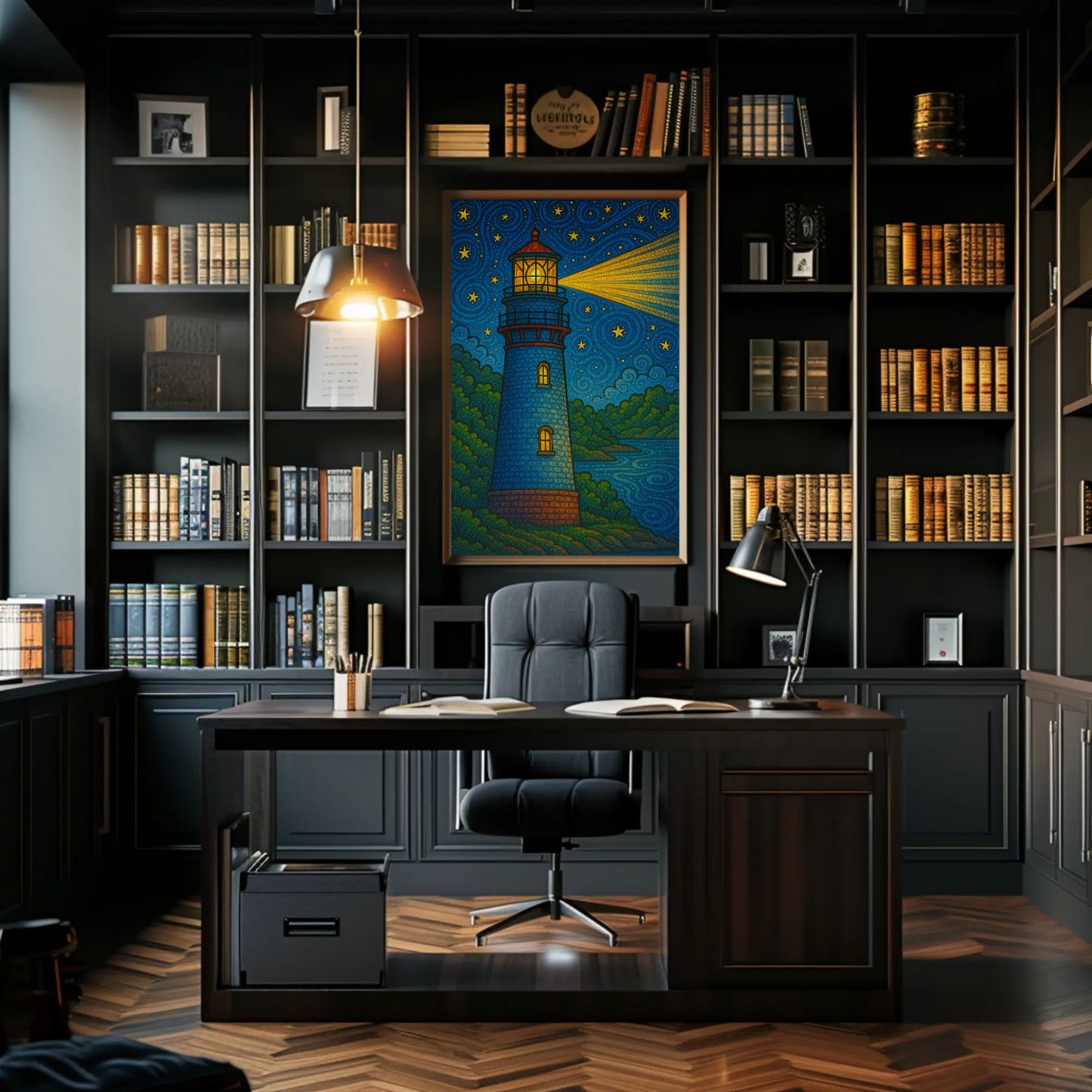 Lighthouse Night Stars Ocean Beacon Illustration Travel Poster