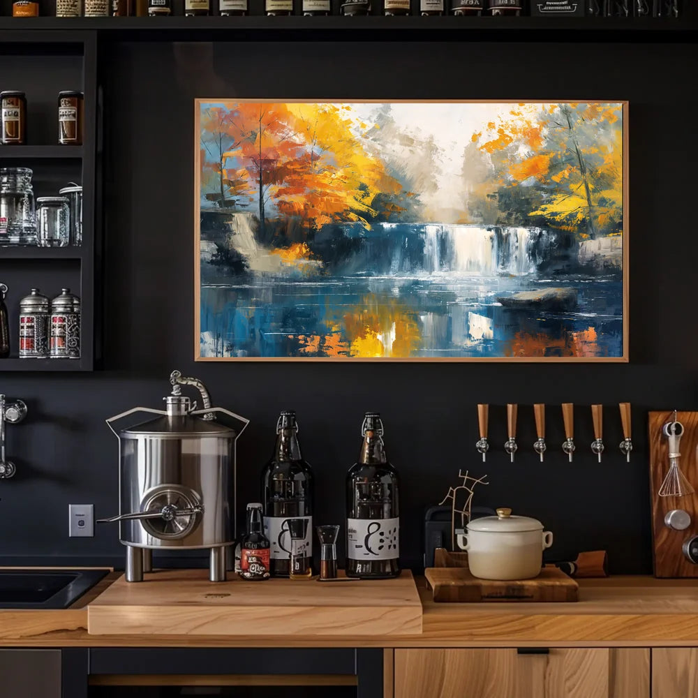 Serene Autumn Waterfall Impressionist Landscape Art Poster