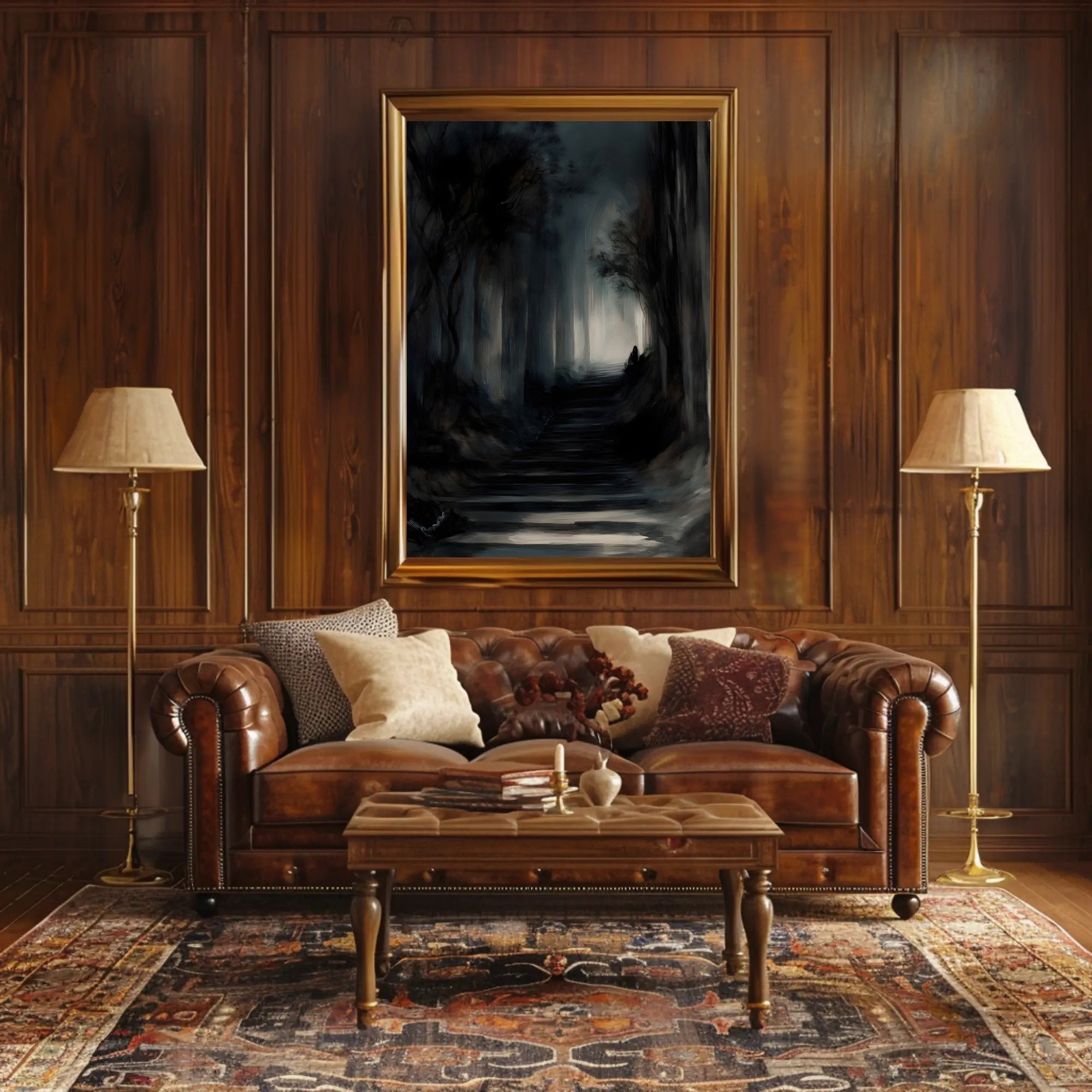 Mysterious Dark Forest Scene Artistry - Artistic Poster PosterGoat