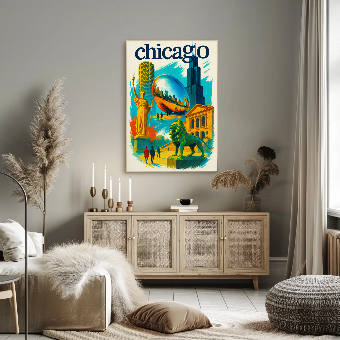 Chicago Lion Bean Willis Art Urban Vintage Travel Poster Wall Art