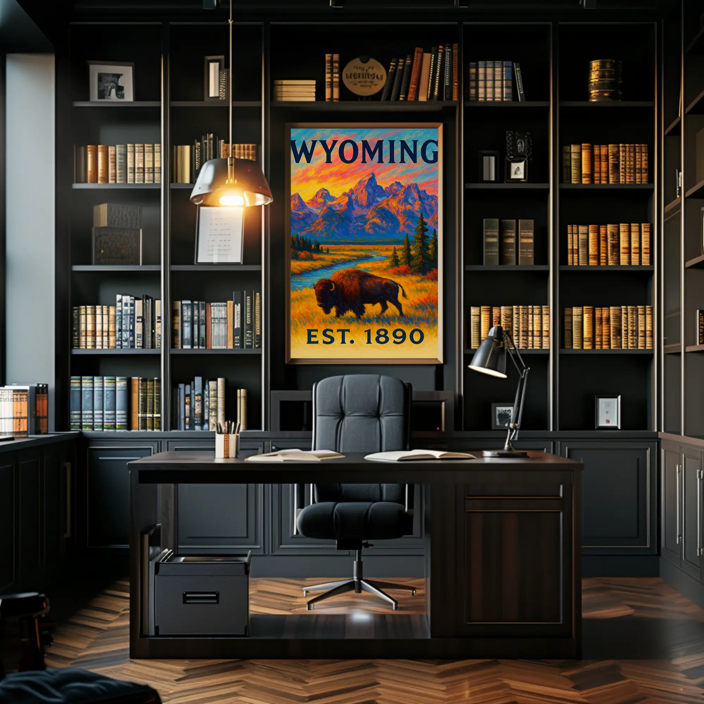 Wyoming Bison Mountains Sunset Vibrant Scenic Travel Poster