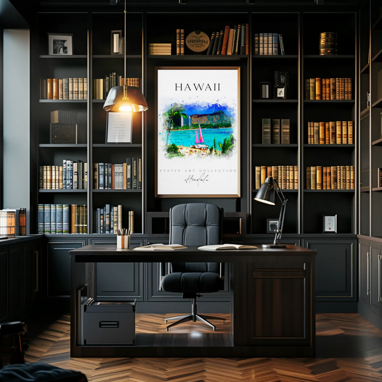Hawaii Honolulu Sailboat Watercolor Skyline Poster