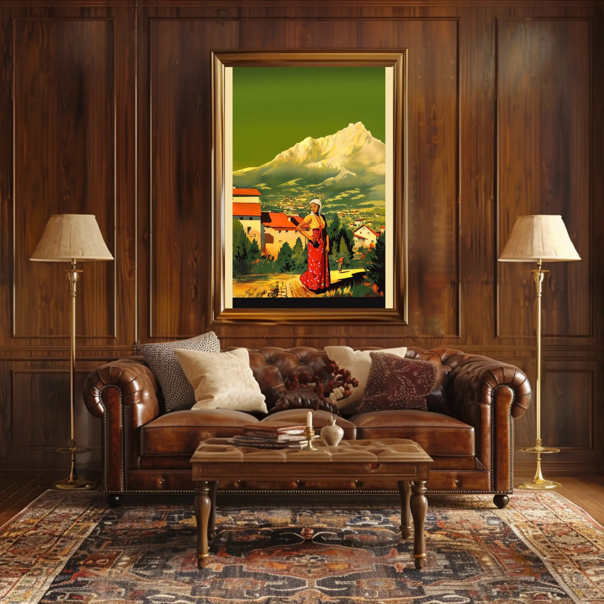 Serene Mountain Village with Traditional Attire Poster