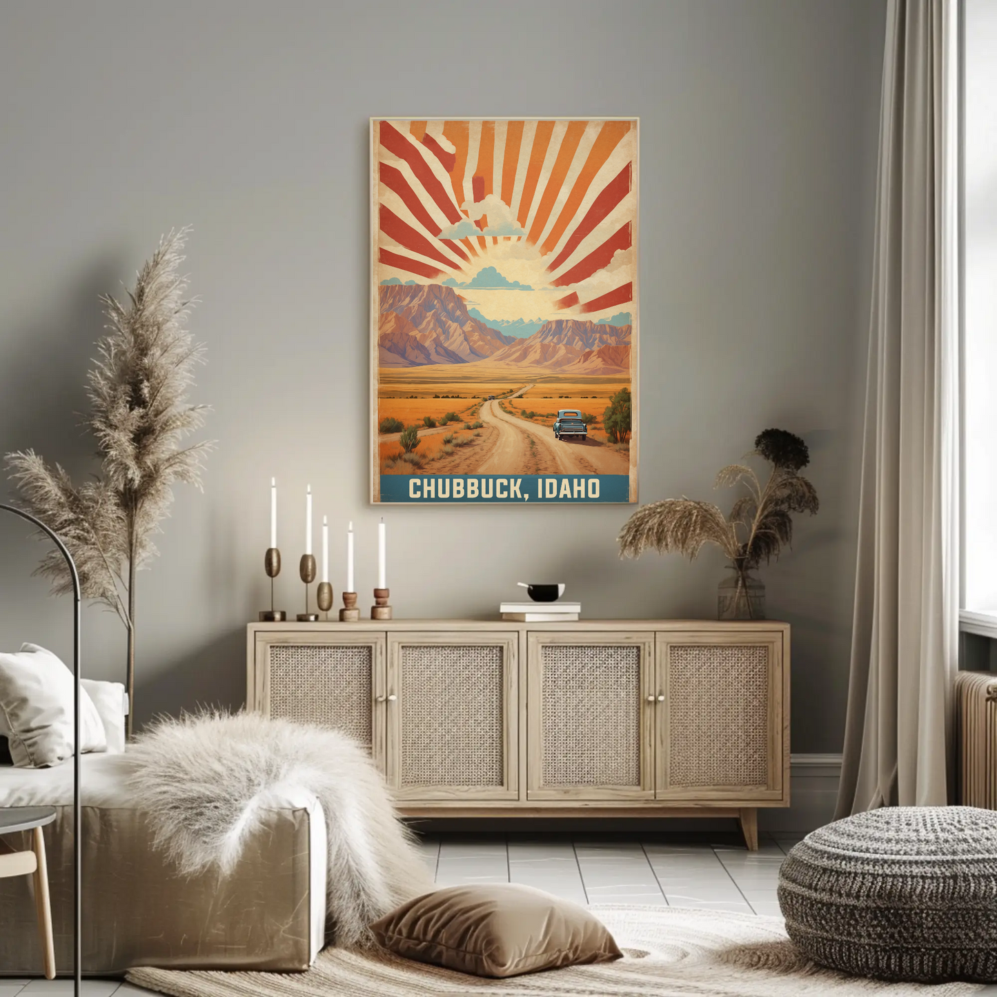 Chubbuck Idaho Sunset Road Desert Mountains Vintage Travel Poster