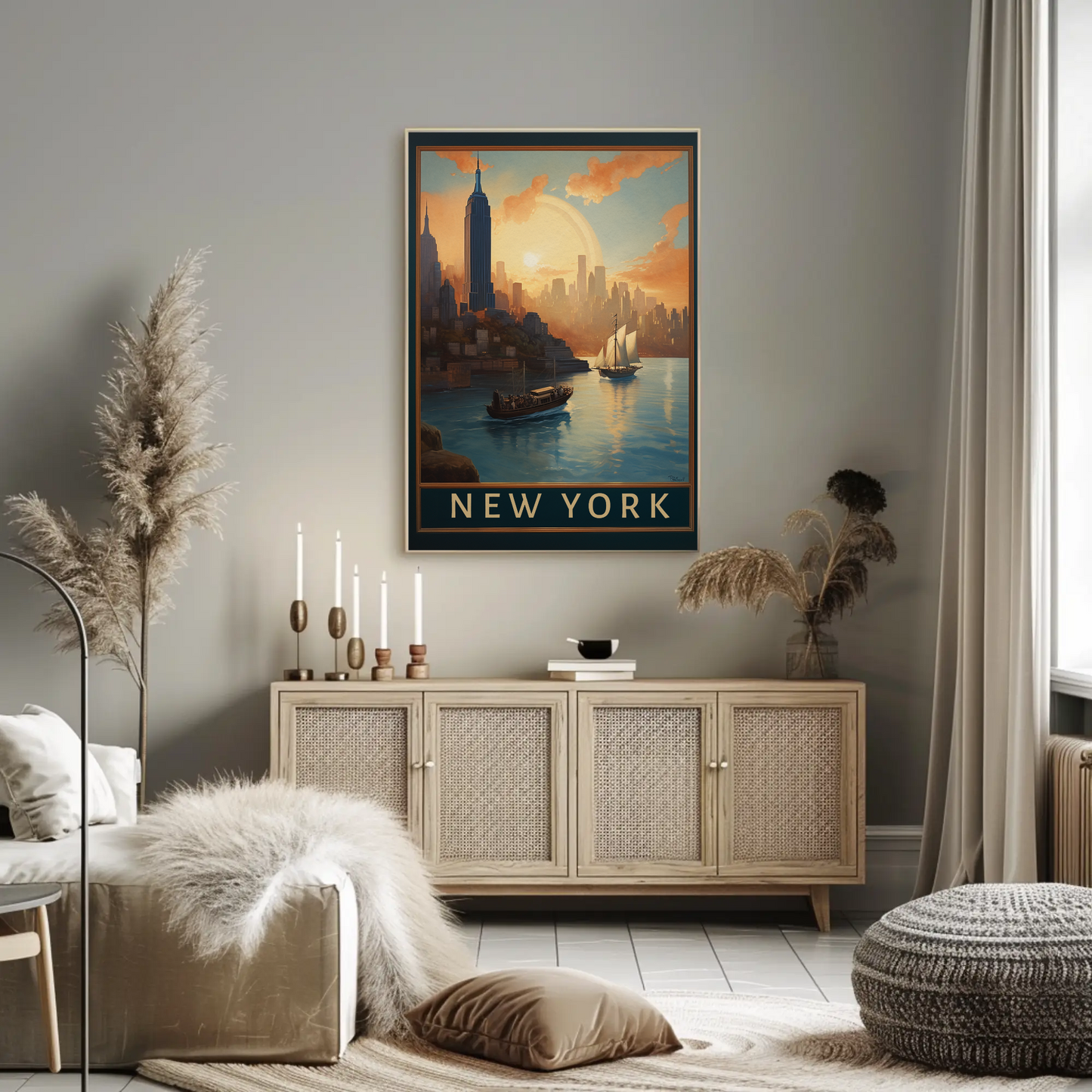 New York Harbor Sunset Vintage Travel Poster