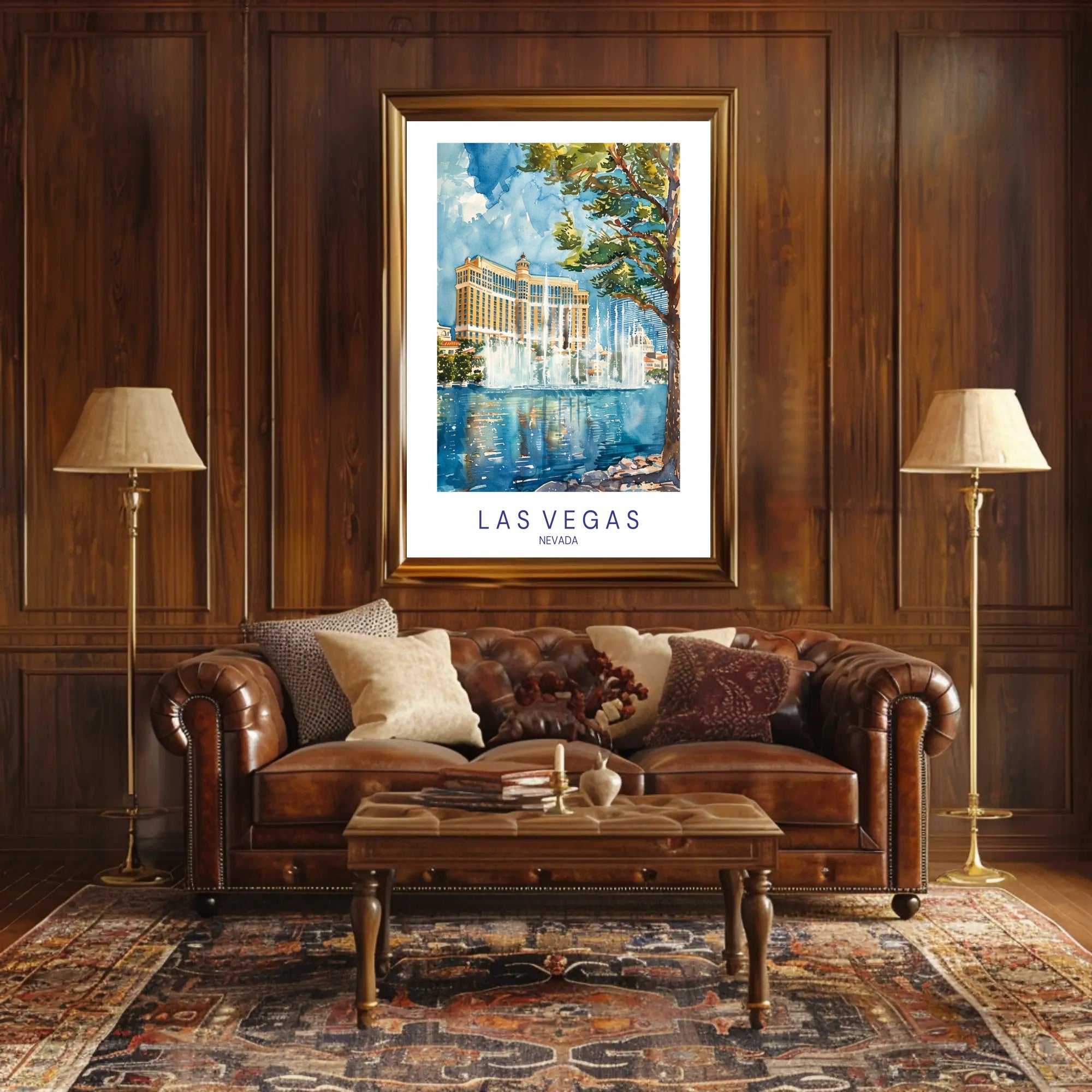 Vibrant Bellagio Watercolor Art: Las Vegas Travel Poster PosterGoat