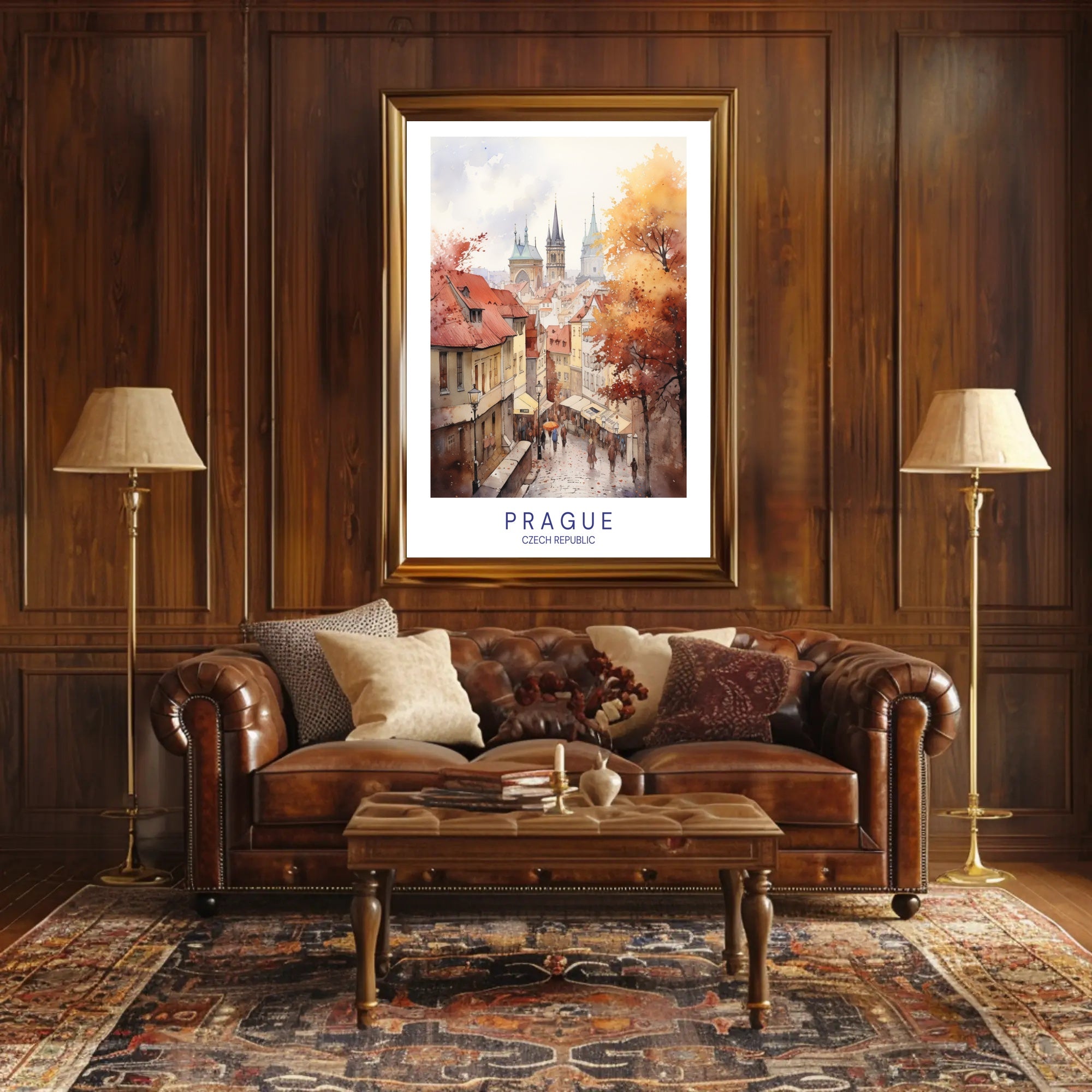Prague Autumn Watercolor Illustration Urban or Cityscape Poster PosterGoat