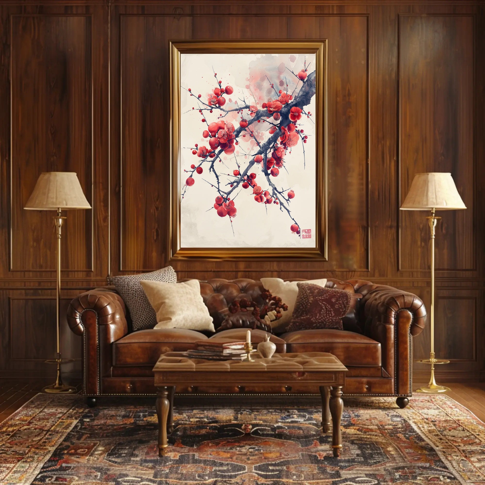 Elegant Red Plum Blossoms Artistic Poster PosterGoat