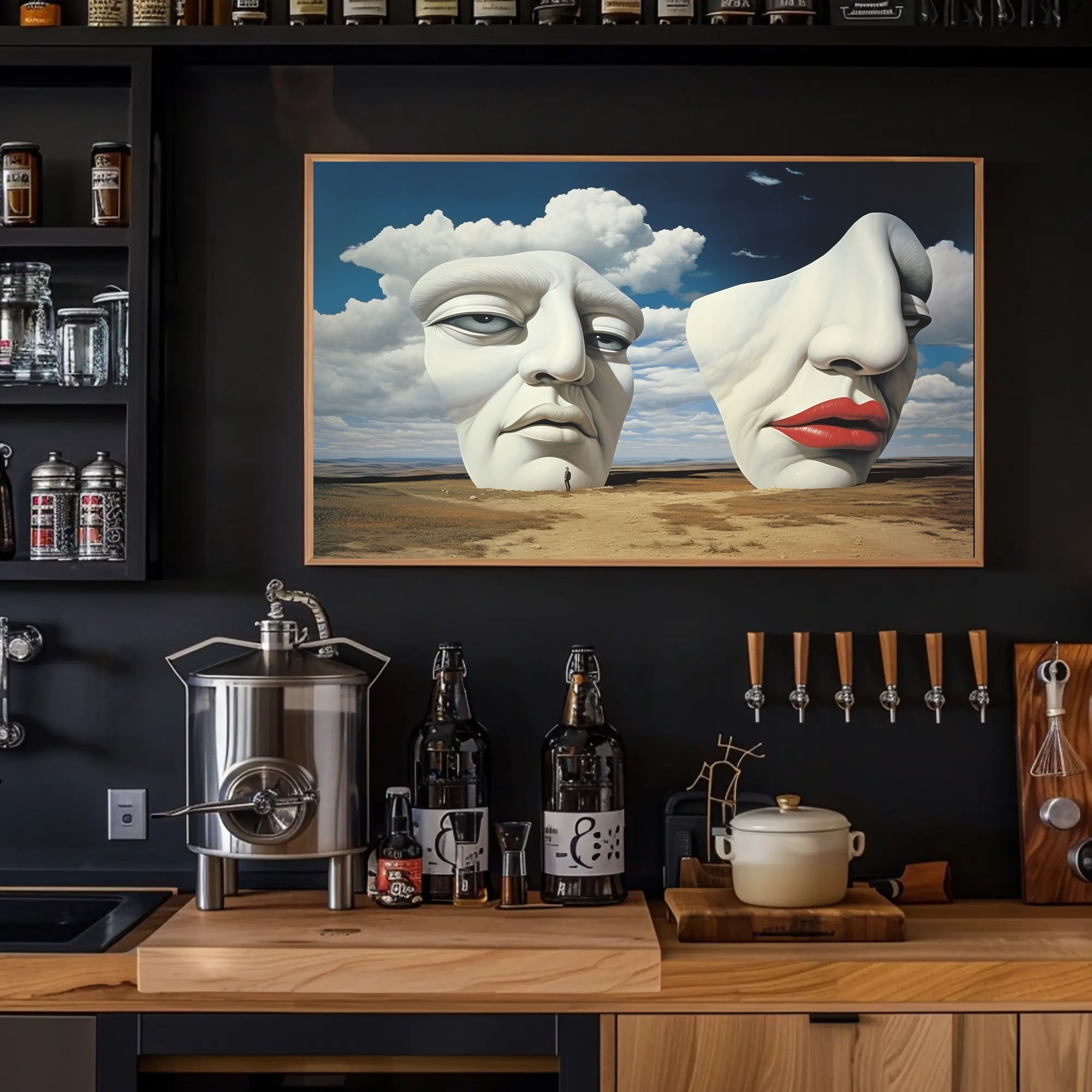 Surreal Sculpted Faces in Desert Landscape Artistic Poster