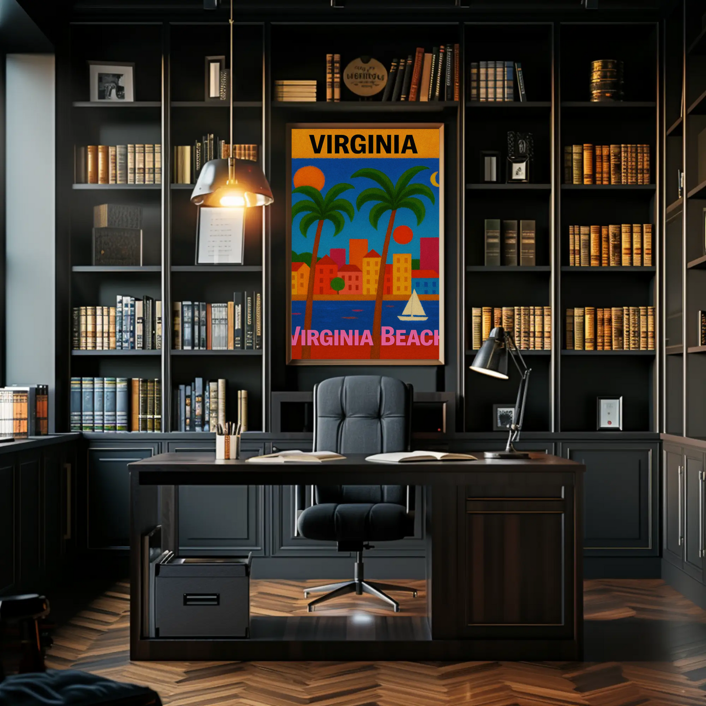 Virginia Beach Colorful Palms Cityscape Sunset Travel Poster
