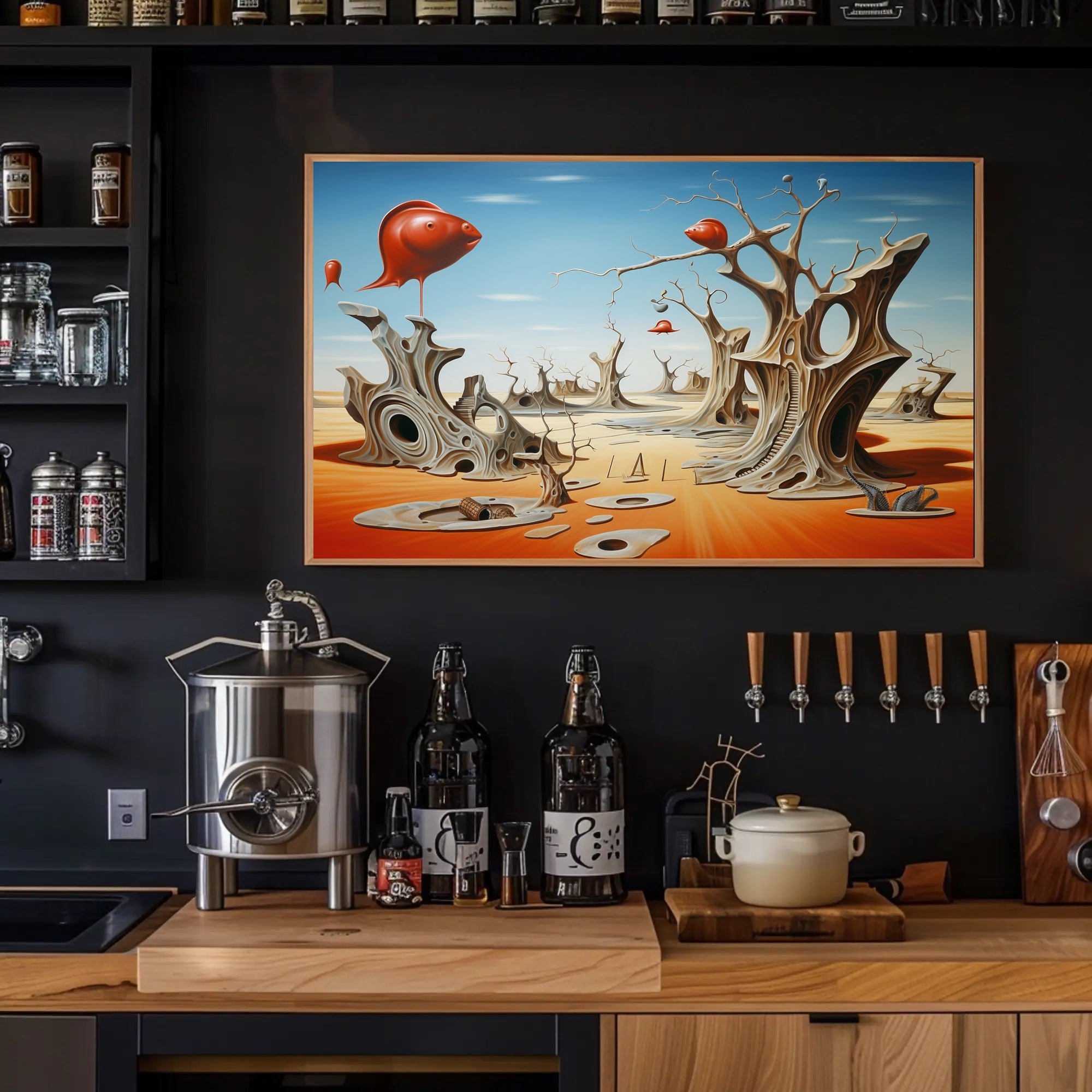 Surreal Desert Dreamscape With Whimsical Fish Objects - Artistic Poster