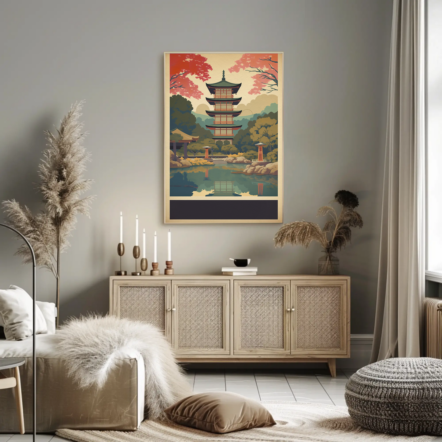 Japan Reflection Pagoda Lake Autumn Vintage Travel Poster