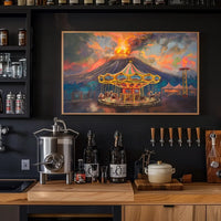 Surreal Carousel and Volcano Imaginative Art Poster