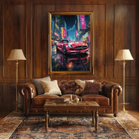 Futuristic Cityscape Sports Car Neon Lights Poster