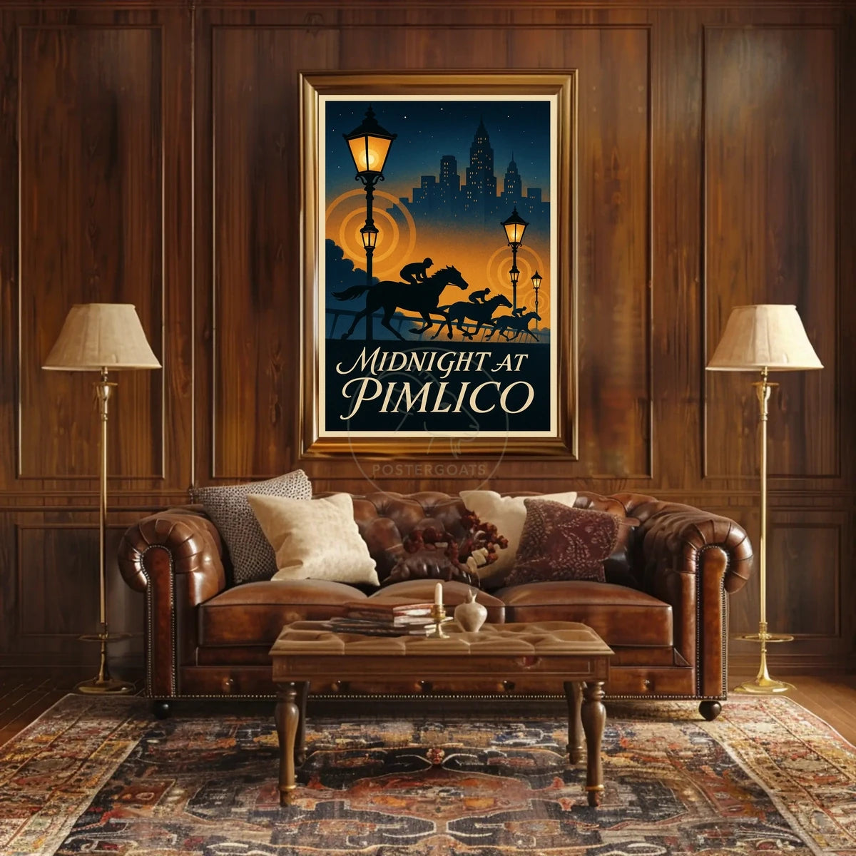 Midnight Horse Racing Action at Art Deco Skyline Sports Poster