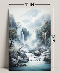 Tranquil Waterfall In Misty Mountains Poster