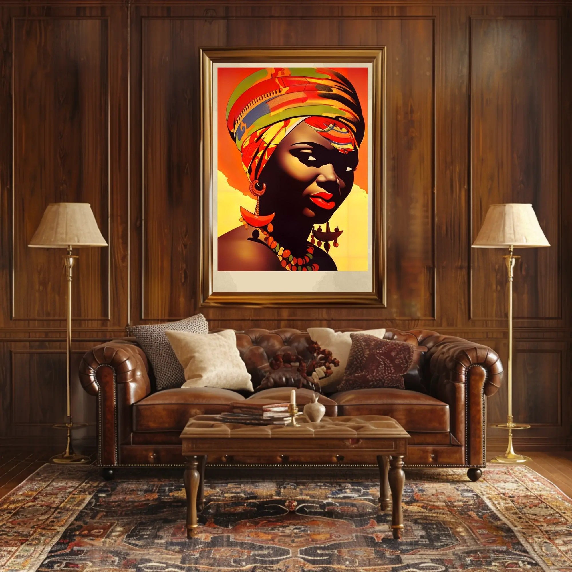Vibrant Elegance: Woman with Colorful Headwrap and Bold Accessories Poster