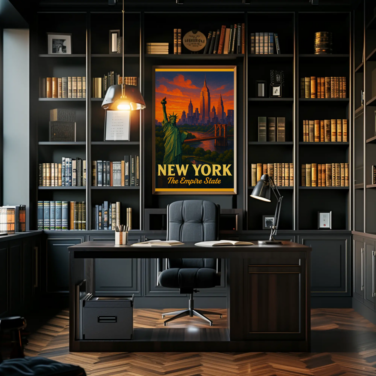New York Empire State Liberty Brooklyn Bridge Sunset Travel Poster
