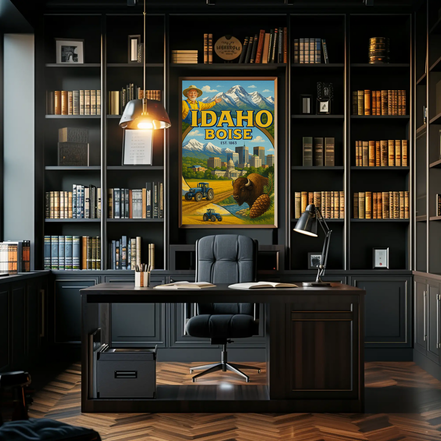 Boise Idaho Cityscape Buffalo Mountain Farm Travel Poster