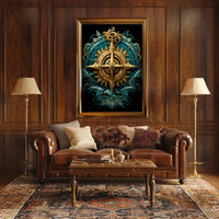Navigating Mystical Seas Golden Compass Art Deco Oceanic Adventure Maritime Dreamscape Poster