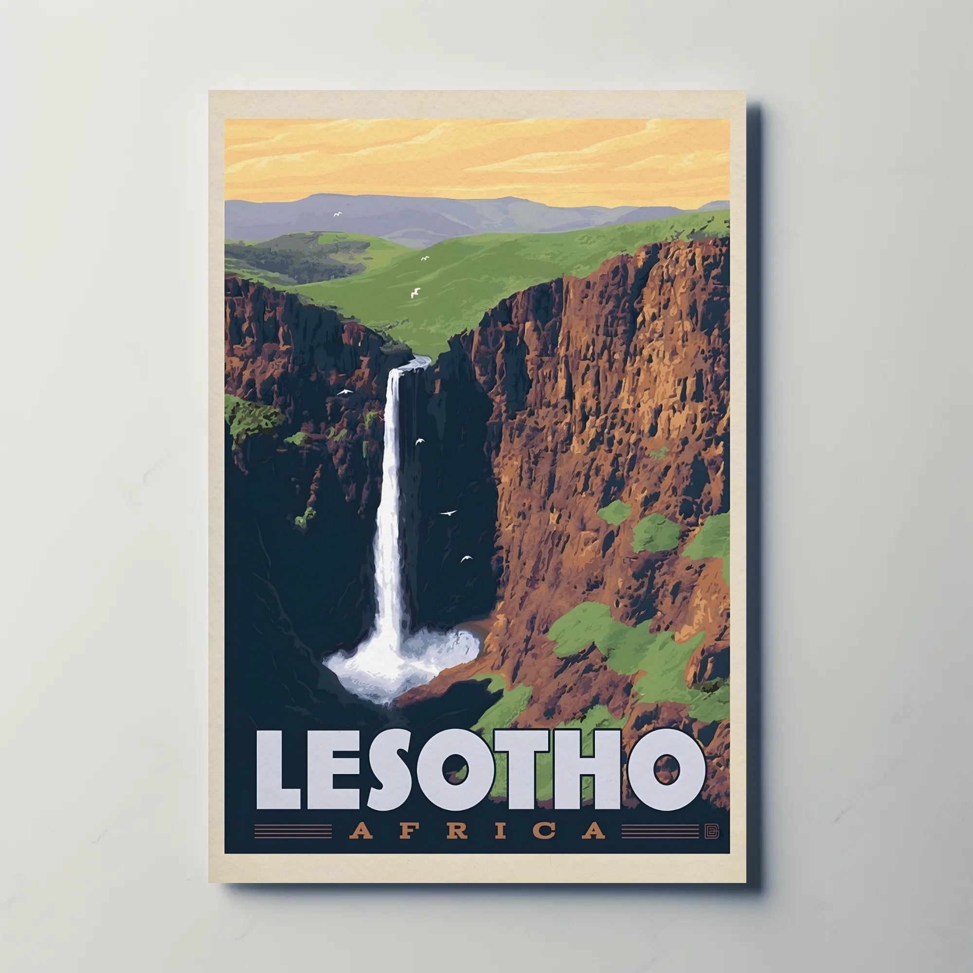 Lesotho Waterfall Adventure Vintage Travel Poster