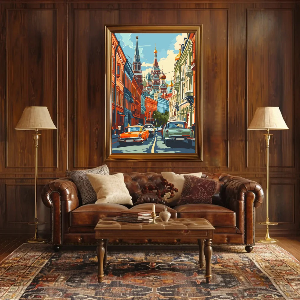 Moscow Retro Street Scene with St. Basil's Cathedral