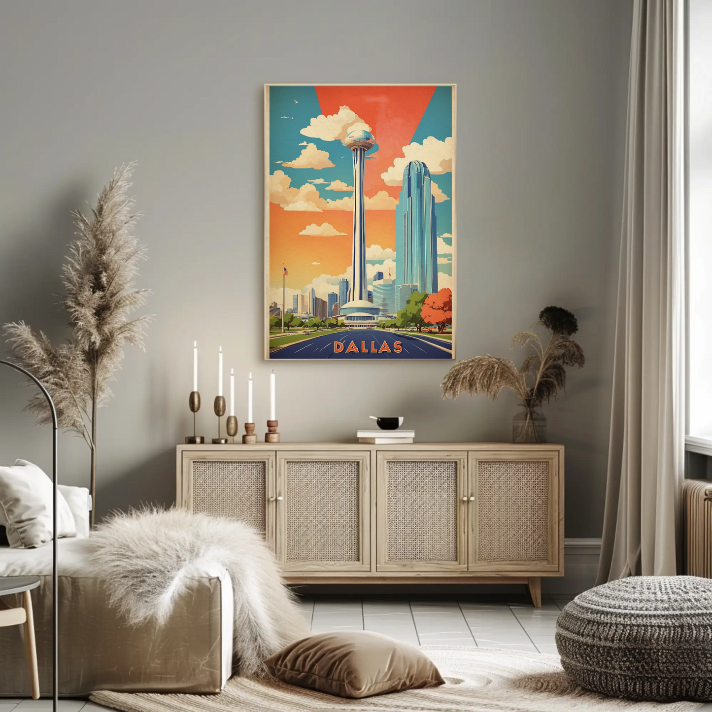Dallas Texas Skyline Reunion Tower Vintage Travel Poster