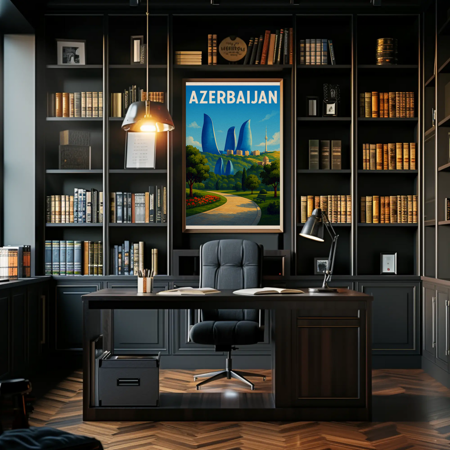 Azerbaijan Baku Flame Towers Park Path Travel Poster