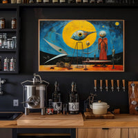 Surrealistic Abstract Art Poster with Bird and Humanoid Figures