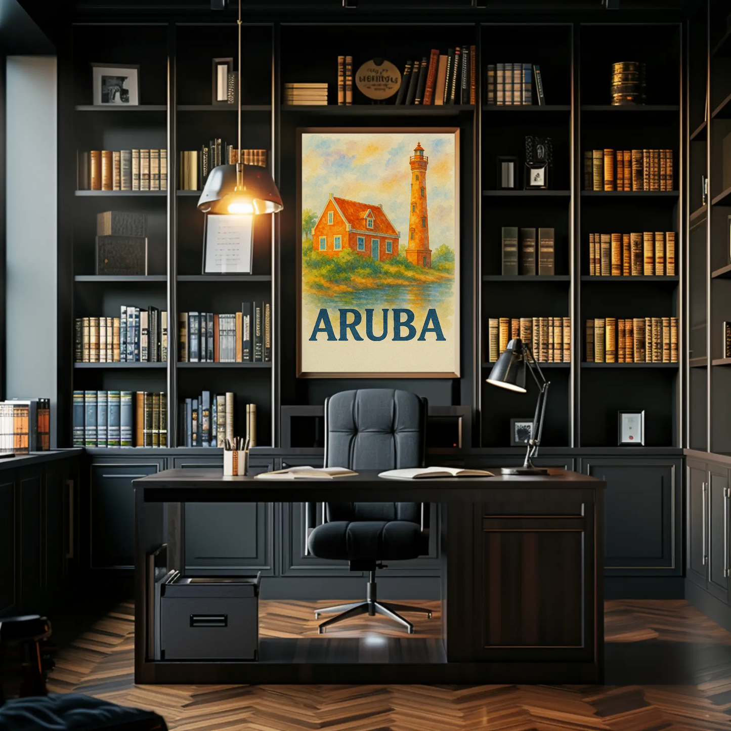 Aruba Lighthouse Ocean Hut Sunset Travel Poster