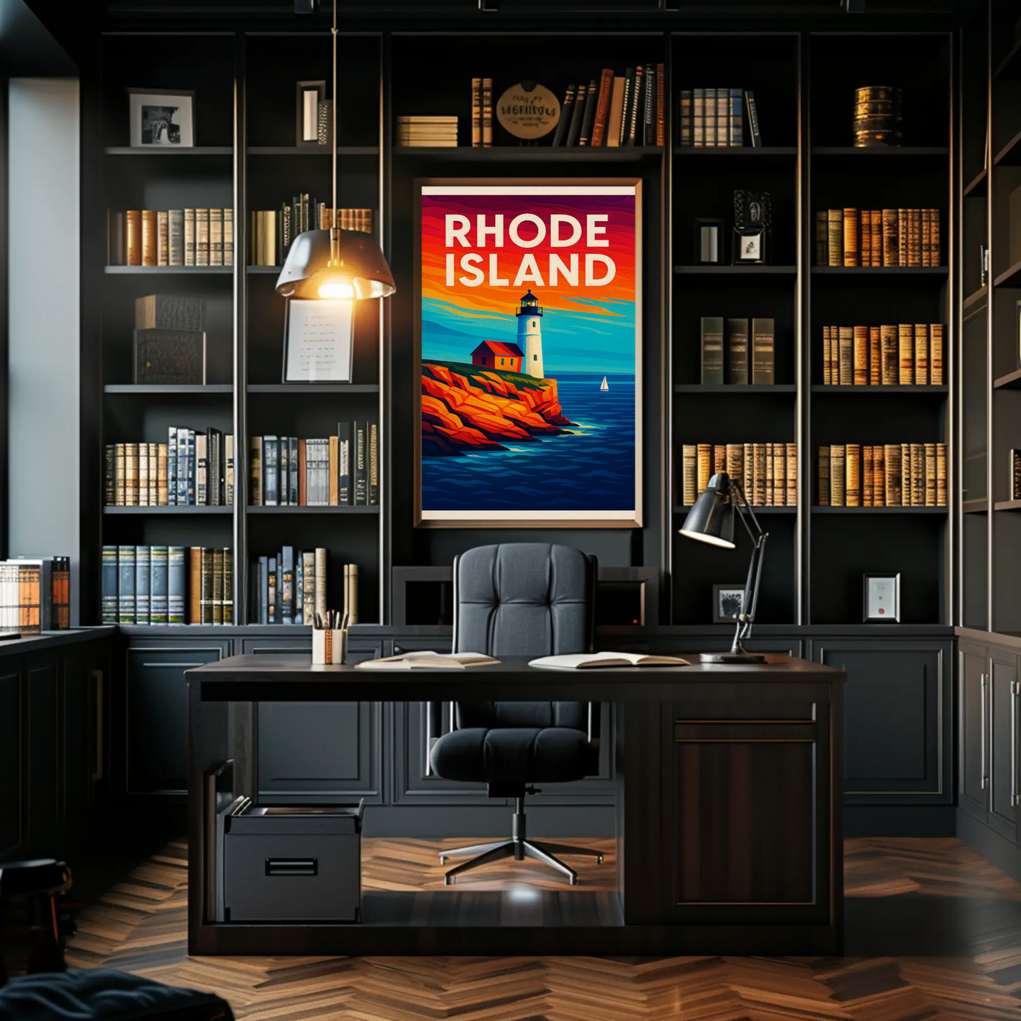 Rhode Island Coast Lighthouse Ocean Sunset Travel Poster
