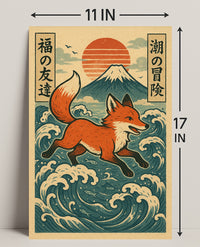 Fox Adventure in Japanese Waves Poster PosterGoat
