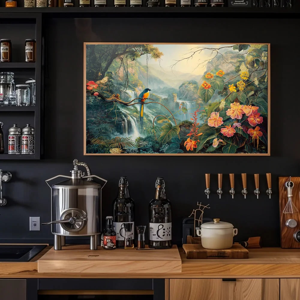 Vibrant Jungle Scene with Exotic Waterfalls Poster