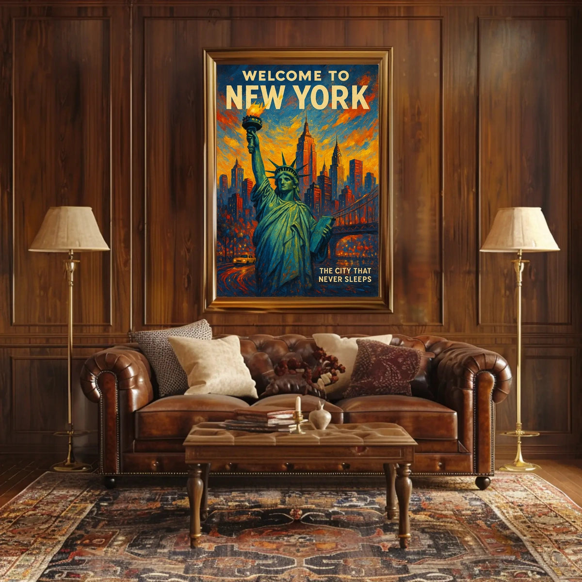 New York Skyline Sunset Art Poster Vintage Wall Art